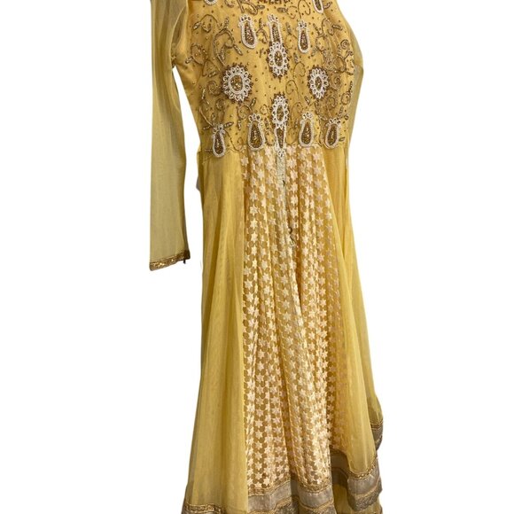 Vintage Yellow Embroidered Anarkali Dress With Beaded Details As Is - Picture 2 of 16
